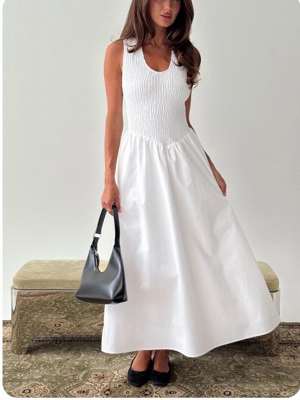 Highgate Drop Waist Pleat Detail Maxi Dress White